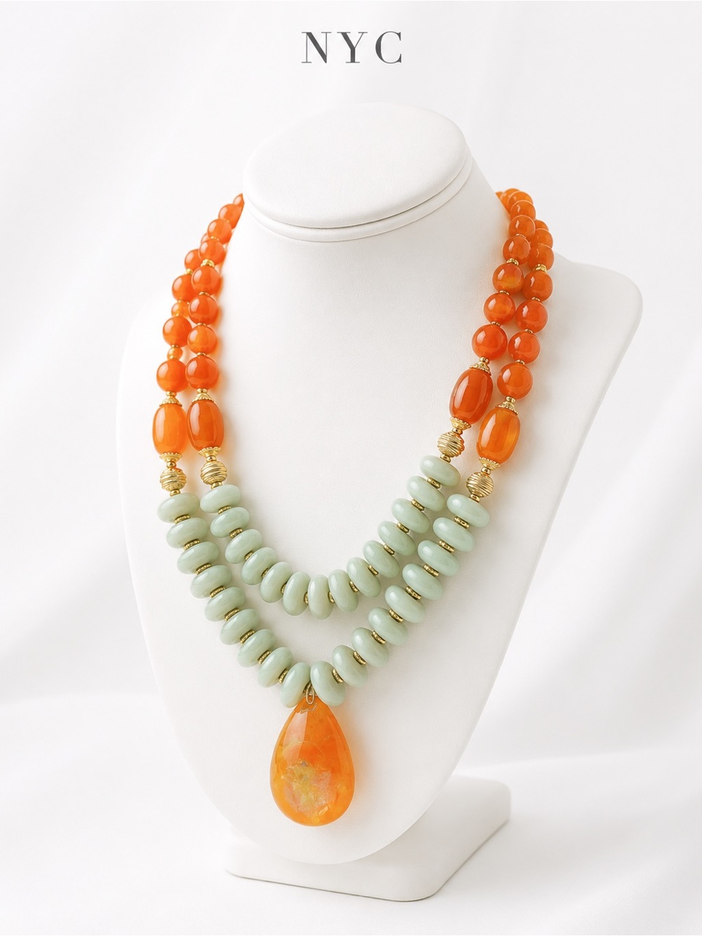 NYC Orange & Mint Two‑Strand Beaded Necklace with Gold Accents